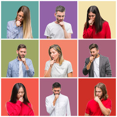 Canvas Print - Collage of group people, women and men over colorful isolated background feeling unwell and coughing as symptom for cold or bronchitis. Healthcare concept.