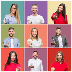 Sticker - Collage of group people, women and men over colorful isolated background smiling friendly offering handshake as greeting and welcoming. Successful business.