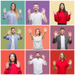 Poster - Collage of group people, women and men over colorful isolated background showing and pointing up with fingers number nine while smiling confident and happy.