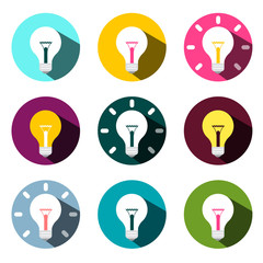 Poster - Bulb Icons Set Isolated on White Background. Flat Design Colorful Vector Lightbulbs in Circles.