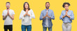 © Krakenimages.com - Collage of group people, women and men over colorful yellow isolated background begging and praying with hands together with hope expression on face very emotional and worried. Asking for forgiveness