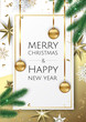 © Anastasiya  - Banner with vector christmas tree branches, gold stars, christmas balls and space for text.