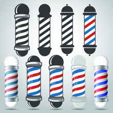 Set Of Old Fashioned Vintage Glass Barber Shop Poles With Stripes. Vector Illustration