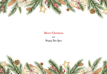 Watercolor vector Christmas banner with fir branches and place for text.