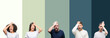 © Krakenimages.com - Collage of group of young people over colorful isolated background surprised with hand on head for mistake, remember error. Forgot, bad memory concept.