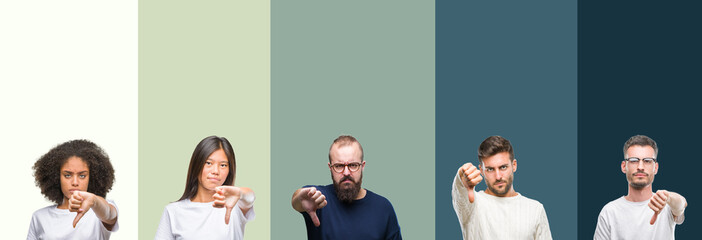 Sticker - Collage of group of young people over colorful isolated background looking unhappy and angry showing rejection and negative with thumbs down gesture. Bad expression.