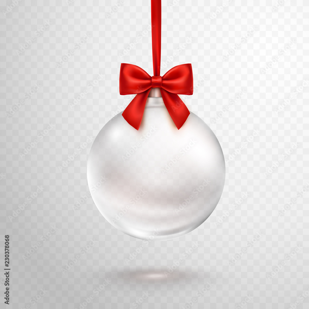 Christmas ball with red ribbon isolated on transparent background. Vector translucent glass xmas bauble template. - obrazy, fototapety, plakaty 