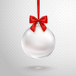 Christmas ball with red ribbon isolated on transparent background. Vector translucent glass xmas bauble template.