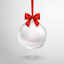 Christmas Ball With Red Ribbon Isolated On Transparent Background. Vector Translucent Glass Xmas Bauble Template.