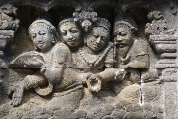 Relief or carvings on the wall of Borobudur Temple in Jogjakarta, Indonesia