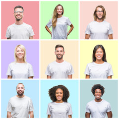 Sticker - Collage of group people, women and men over colorful isolated background with a happy and cool smile on face. Lucky person.