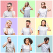 © Krakenimages.com - Collage of group people, women and men over colorful isolated background smiling with hand over ear listening an hearing to rumor or gossip. Deafness concept.