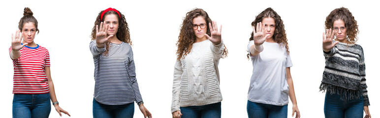 Poster - Collage of young brunette curly hair girl over isolated background doing stop sing with palm of the hand. Warning expression with negative and serious gesture on the face.