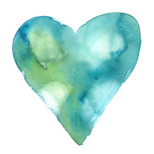 Simple Abstract Light Green And Turquoise Blue Heart Painted In Watercolor On Clean White Background
