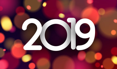 Bright blurred 2019 New Year card with color lights.