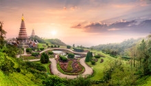 Landmark Pagoda In Doi Inthanon National Park With Mist Fog During Sunset Timeat Chiang Mai, Thailand.