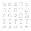 © vectorikart - Women casual clothes for fitness training. Basic garments for gym workout. Vector thin line icons. Outline outfit for active girl. Linear sport style shirts, pants, jackets, tops, shorts, skirt, shoes