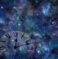 Wall Mural - time and space background - faint clock face merging with dark night sky background with many stars,