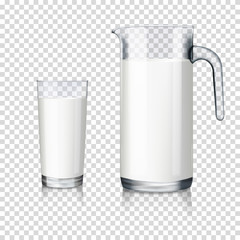 Wall Mural - realistic transparent jug and glass with milk isolated