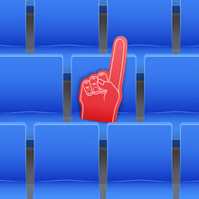 Background Of Blue Plastic Stadium Seats And Fan Foam Finger. The Concept Of The Fan Zone And The Sale Of Tickets For The Match. Sport Arena And Stadium. Vector Illustration