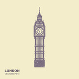 Fototapeta Big Ben - Vector Illustration of Big Ben Tower. Flat icon with scuffed effect