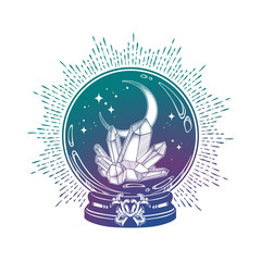 Wall Mural - Hand drawn magic crystal ball with gems and crescent moon line art and dot work. Boho chic tattoo, poster, tapestry or altar veil print design vector illustration.
