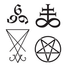 Set Of Occult Symbols Leviathan Cross, Pentagram, Lucifer Sigil And 666 The Number Of The Beast Hand Drawn Black And White Isolated Vector Illustration. Blackwork, Flash Tattoo Or Print Design.