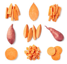 Set Of Fresh Whole And Sliced Sweet Potatoes