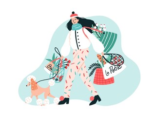 Wall Mural - Smiling young woman dressed in trendy outerwear walking her poodle dog on leash and carrying bags with purchased products. Stylish pet owner. Colorful vector illustration in flat cartoon style.