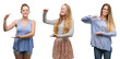 © Krakenimages.com - Collage of group of blonde women over isolated background gesturing with hands showing big and large size sign, measure symbol. Smiling looking at the camera. Measuring concept.