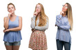 © Krakenimages.com - Collage of group of blonde women over isolated background with hand on chin thinking about question, pensive expression. Smiling with thoughtful face. Doubt concept.