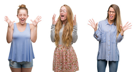 Wall Mural - Collage of group of blonde women over isolated background celebrating mad and crazy for success with arms raised and closed eyes screaming excited. Winner concept