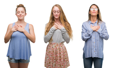 Wall Mural - Collage of group of blonde women over isolated background smiling with hands on chest with closed eyes and grateful gesture on face. Health concept.