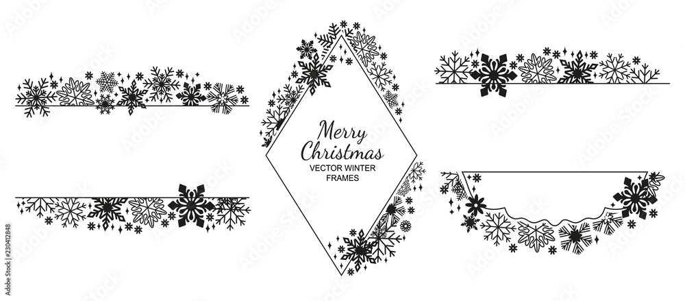 Black snowflake frame set, white background, Christmas design ...