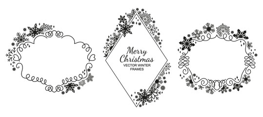 Wall Mural - Black-white snow flake frame collection, Christmas design set. Vector illustration, merry xmas snowflake framework