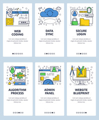 Vector web site linear art onboarding screens template. Web coding and internet services, data syncing, secure login, admin panel. Menu banners for website and mobile app development. Modern design