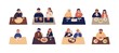 Collection of cute people sitting at tables and eating different delicious meals. Set of men and women trying tasty food at restaurant or cafe. Colorful vector illustration in flat cartoon style.