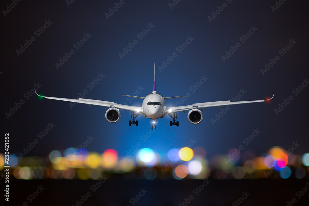 Airplane take off / landing at night - obrazy, fototapety, plakaty 