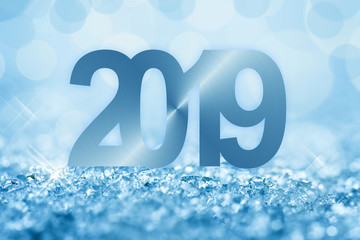 Wall Mural - 2019 blue snow and bokeh lights greeting card