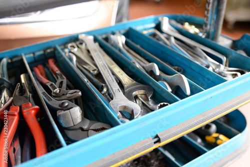Closeup Open Tool Cabinet With Tools For Repair In A Car Repair