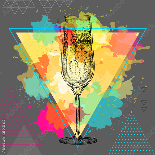 Fotografía Hand drawing champagne glass illustration on artistic polygon watercolor backgro