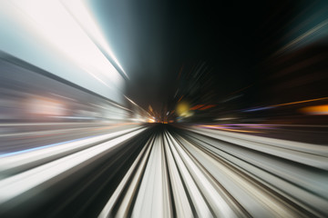 Wall Mural - View from first railway carriage. Speed motion blur metro abstract background at night