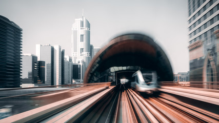 Wall Mural - View from first railway carriage. Speed motion blur metro abstract background in the day