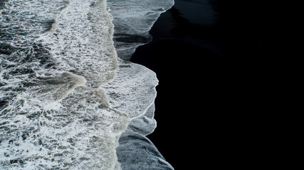 The black sand beach in Iceland. Sea aerial view and top view. Amazing nature, beautiful backgrounds and colors.