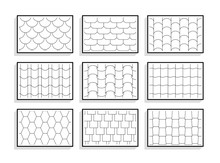 Set Of Seamless Roof Tiles Textures. Black And White Graphic Patterns Of Architectural Materials