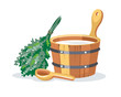 Sauna bathhouse objects oak birch broom, pot,  wooden bucket