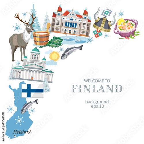 Cuadros en Lienzo Travel Finland background with traditional symbols of the country, great sights