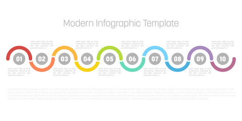10 step process modern infographic diagram. Graph template of circles and waves. Business concept of 10 steps or options. Modern design vector element in different colors with labels
