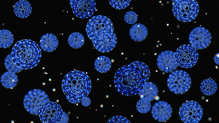 Wall Mural - Bacteria under the microscope. Pathogenic virus. Black background with blurred particles. Close up. 3D rendering