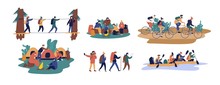 Collection Of Men And Women Travelling Together. Set Of Friends Or Tourists Riding Bicycles, Rafting On Boat, Walking Along Bridge, Going Camping. Colorful Vector Illustration In Flat Cartoon Style.